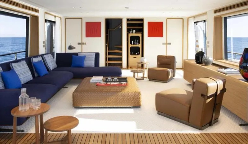  Yacht Photos Pics Luxurious interior of 2023 Custom Line Navetta 30 yacht with modern furnishings and ocean view.