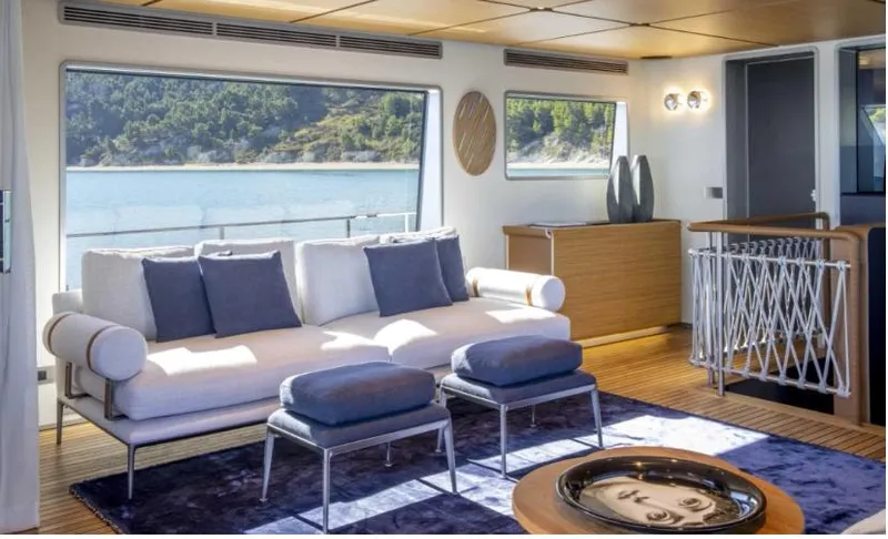  Yacht Photos Pics Luxurious interior of 2023 Custom Line Navetta 30 yacht with elegant seating and scenic views.