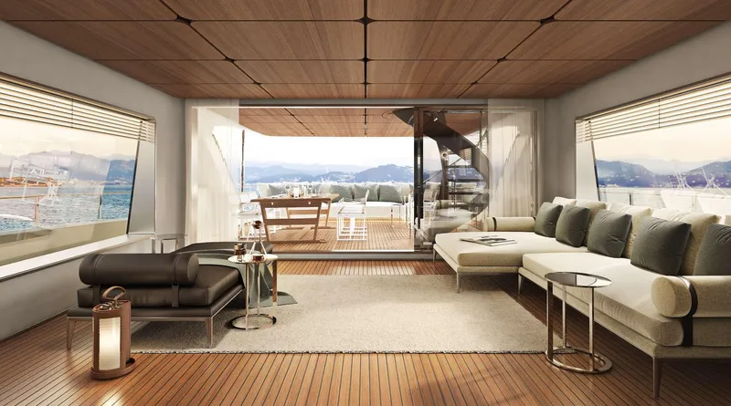  Yacht Photos Pics Luxurious interior of 2023 Custom Line Navetta 30 yacht with elegant seating and ocean views.