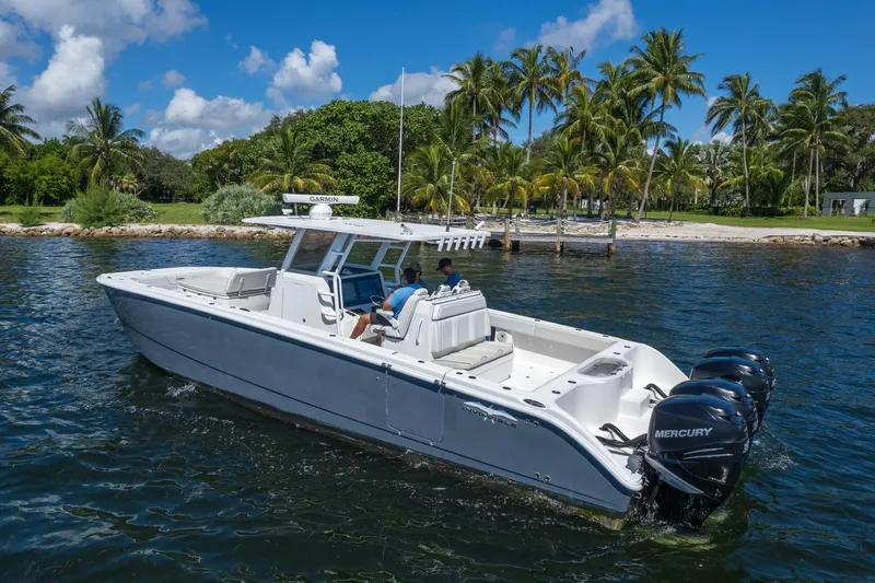 Yacht Photos Pics 2019 Invincible 37 Catamaran cruising near tropical shoreline with palm trees.