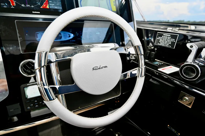 Maximus Yacht Photos Pics Steering wheel of the 2023 Riva 56 RIVALE luxury yacht.