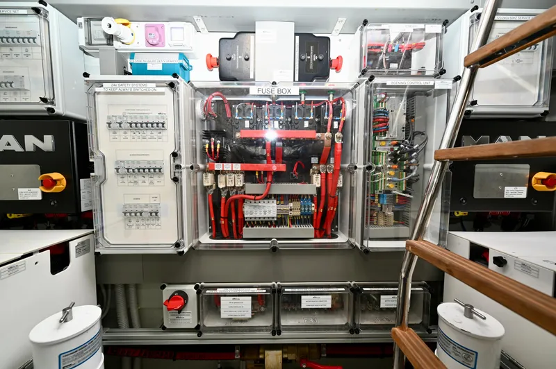 Maximus Yacht Photos Pics Electrical control panel in the engine room of a 2023 Riva 56 Rivale yacht.