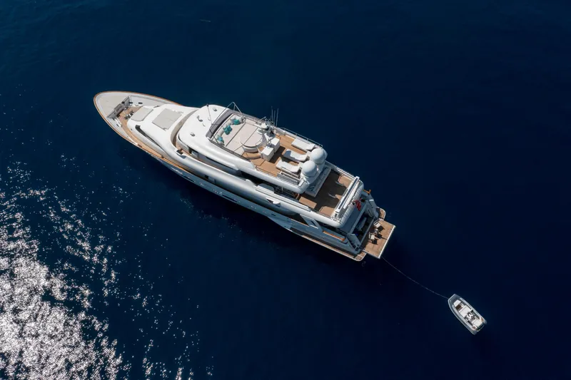 Centurion Yacht Photos Pics Aerial view of 2013 Custom Line Navetta 33 Crescendo yacht on open water.