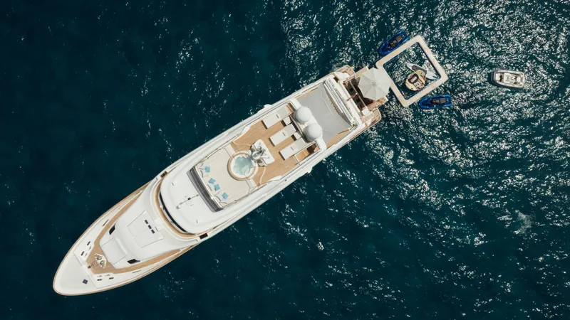 Centurion Yacht Photos Pics Aerial view of 2013 Custom Line Navetta 33 Crescendo yacht on the ocean.