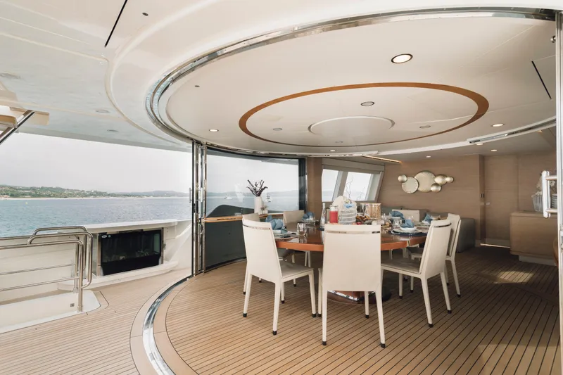 Centurion Yacht Photos Pics Luxurious dining area on 2013 Custom Line Navetta 33 Crescendo yacht with ocean view.
