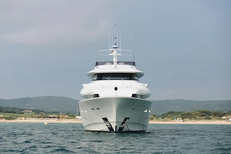 Centurion Yacht Photos Pics Front view of 2013 Custom Line Navetta 33 Crescendo yacht on the water.