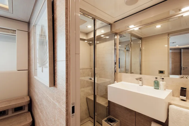 Centurion Yacht Photos Pics Luxurious bathroom interior on 2013 Custom Line Navetta 33 Crescendo yacht.