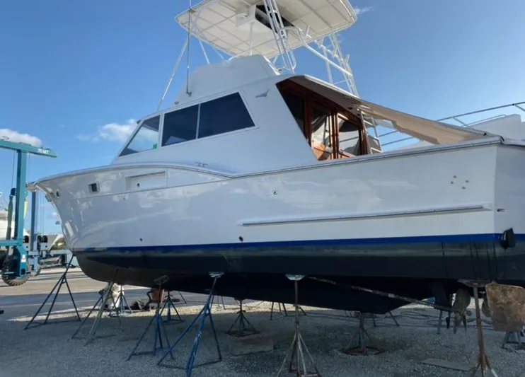 Mary L Yacht Photos Pics 1971 Hatteras 45 Convertible yacht on stands for maintenance.