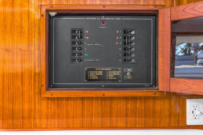  Yacht Photos Pics Hatteras 1981 Extended Deckhouse electrical panel on wooden wall.