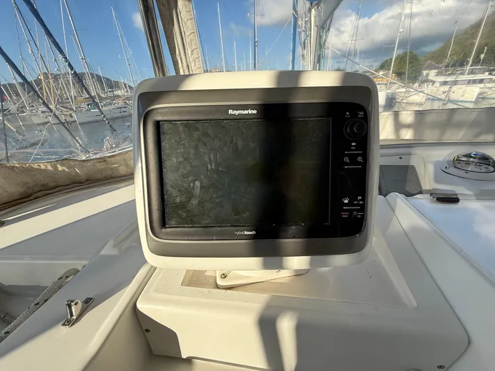 Carolina Breeze Yacht Photos Pics Navigation system on 2009 Lagoon 500 yacht, docked in a marina.