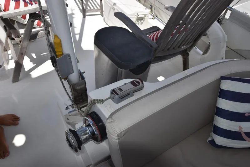  Yacht Photos Pics 2019 Beneteau Swift Trawler 44 deck with seating, winch, and nautical decor.