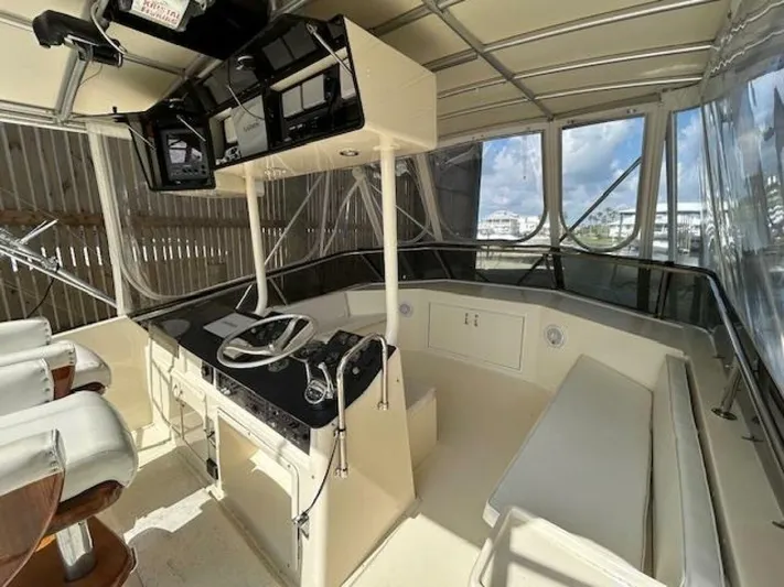 Code Vessel Yacht Photos Pics 1989 Hatteras Convertible yacht helm with seating and navigation equipment.