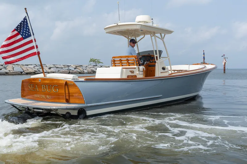 Sea Bug Yacht Photos Pics 2017 Hinckley Talaria 29C boat named "Sea Bug" in Avalon, NJ, with American flag.