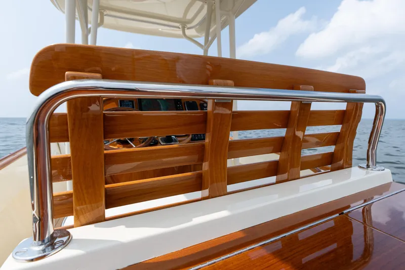 Sea Bug Yacht Photos Pics 2017 Hinckley Talaria 29C boat with polished wood and chrome details on open water.