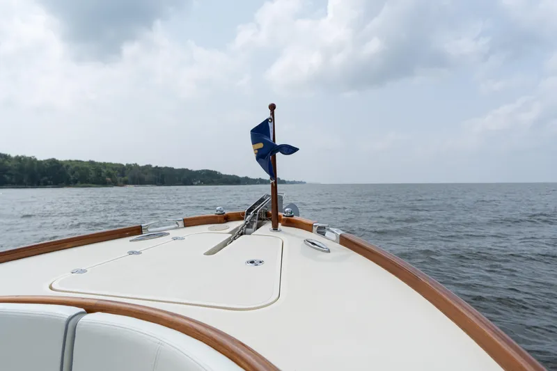 Sea Bug Yacht Photos Pics Bow view of 2017 Hinckley Talaria 29C cruising on open water.