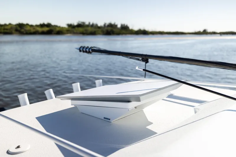 Bid Time 2 Yacht Photos Pics 2023 Yellowfin 36 Offshore boat with Seaview radar on calm water.