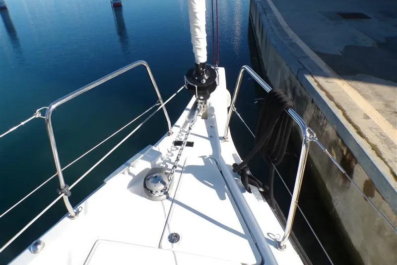 Skyfall Yacht Photos Pics Bow of 2025 Beneteau Oceanis 46.1 yacht docked at marina.