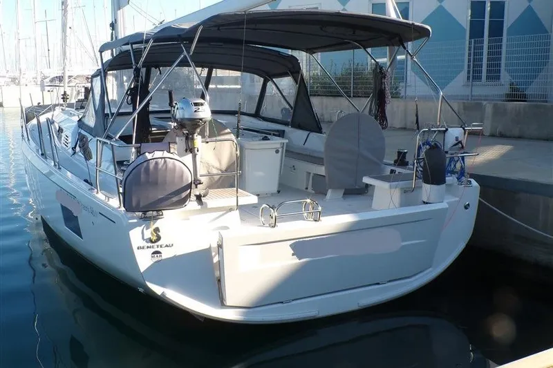 Skyfall Yacht Photos Pics 2025 Beneteau Oceanis 46.1 yacht docked at marina, rear view.