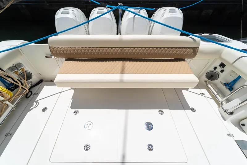  Yacht Photos Pics 2017 Boston Whaler 420 Outrage boat deck with seating and engines.