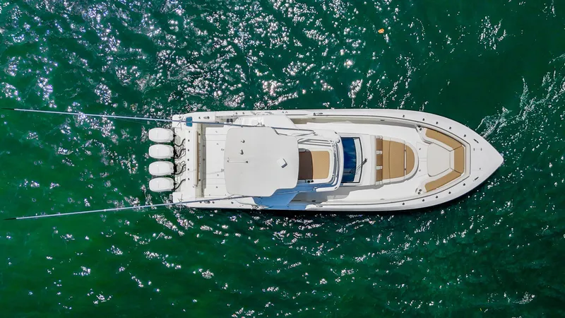  Yacht Photos Pics Aerial view of 2017 Boston Whaler 420 Outrage boat on green water.
