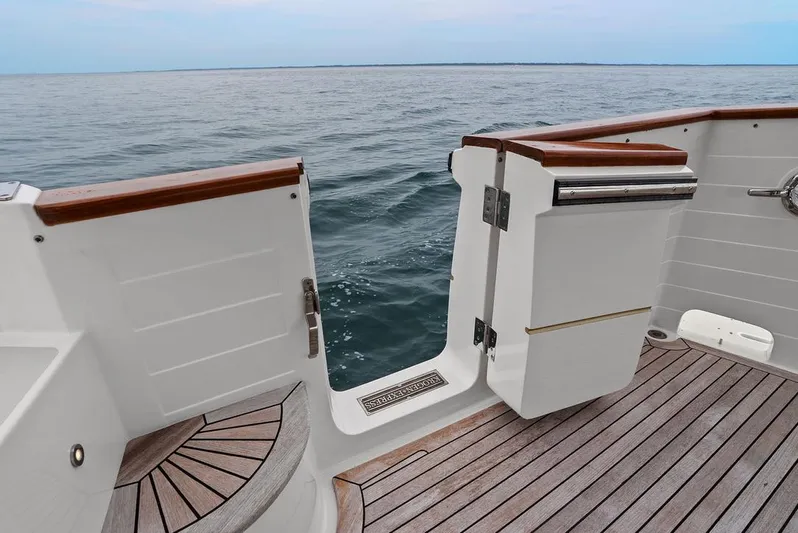 Dogfish Yacht Photos Pics Krogen Express 52 yacht deck with open gate, 2023 model, overlooking the ocean.