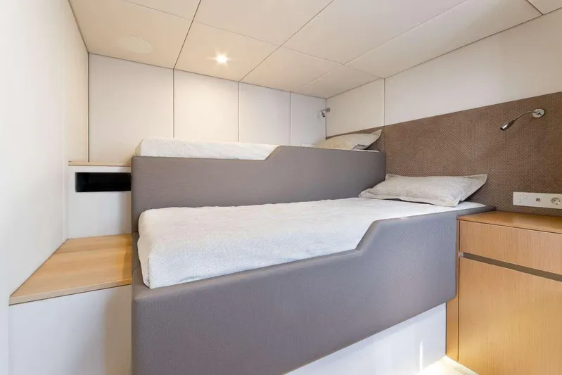 Betame Yacht Photos Pics Interior of 2021 Sunreef 60 yacht with modern twin beds and sleek design.