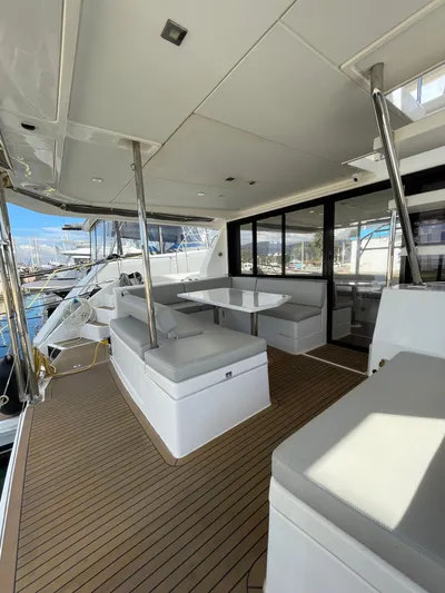  Yacht Photos Pics 2020 Leopard 43 Powercat yacht with spacious deck and modern seating area.
