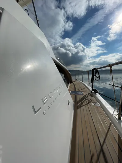  Yacht Photos Pics Leopard 43 Powercat 2020 yacht deck with ocean view and cloudy sky.