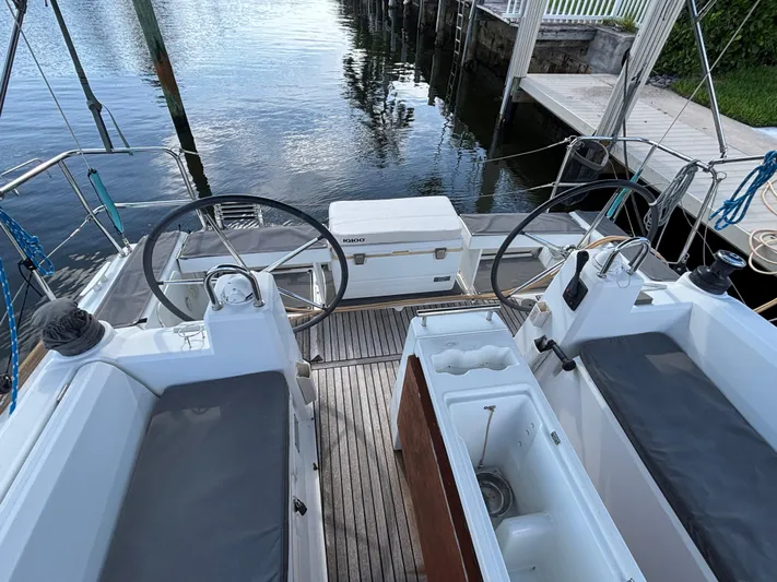 Rio Babe Yacht Photos Pics Cockpit view of 2015 Beneteau Oceanis 35 sailboat with dual steering wheels.