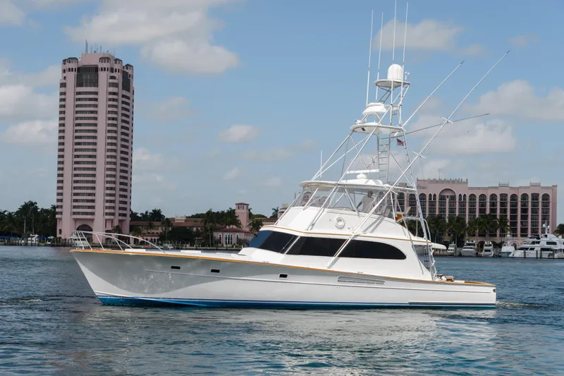 Ship's Cafe Yacht Photos Pics 1987 Custom Carolina Merritt Boatworks in urban waterfront setting.