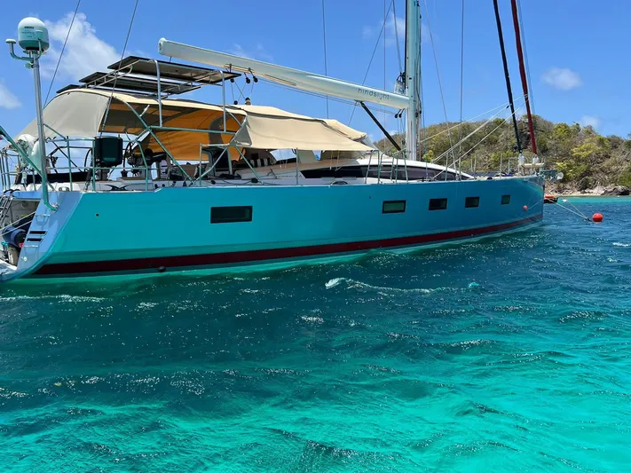Hindsight Yacht Photos Pics 2016 Jeanneau 64 yacht anchored in clear turquoise waters.