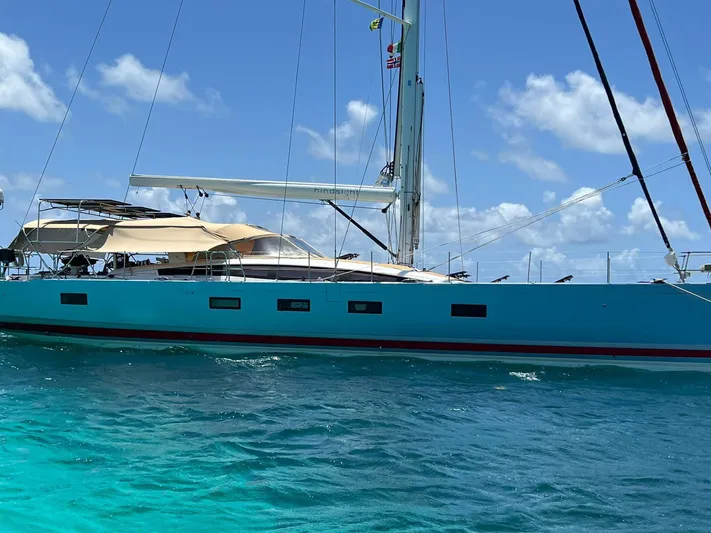 Hindsight Yacht Photos Pics 2016 Jeanneau 64 sailboat on clear blue water under a sunny sky.
