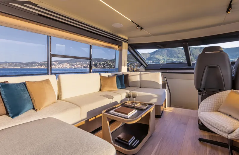  Yacht Photos Pics Luxurious interior of 2026 Absolute 60 Fly yacht with scenic ocean view.