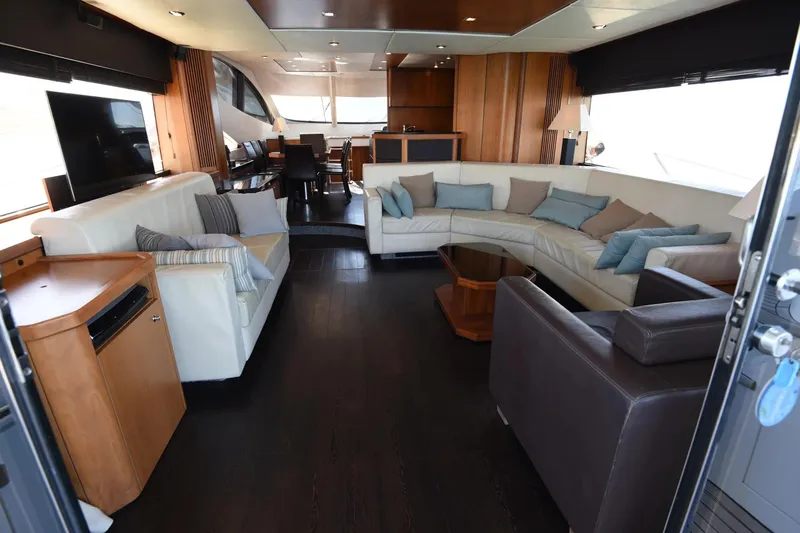 Bar&co Yacht Photos Pics Luxurious interior of 2008 Sunseeker Manhattan 73 yacht with elegant seating and modern decor.