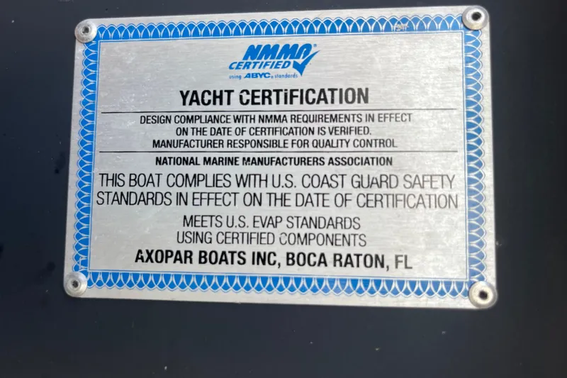 Sweet Spot Yacht Photos Pics Yacht certification plaque for 2021 Axopar 37 Cross Cabin, NMMA and U.S. Coast Guard compliant.