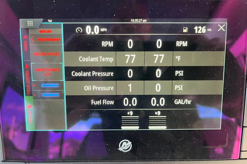 Sweet Spot Yacht Photos Pics Dashboard display of a 2021 Axopar 37 Cross Cabin showing engine metrics and fuel level.