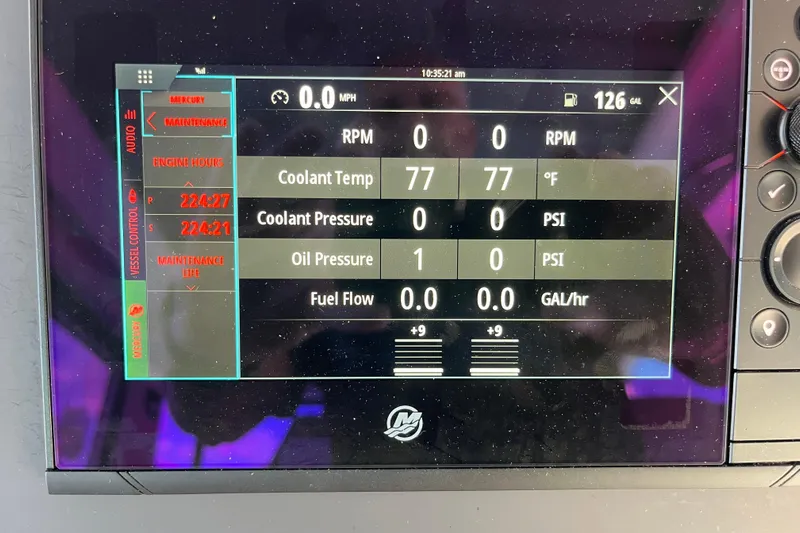 Sweet Spot Yacht Photos Pics Display screen of a 2021 Axopar 37 Cross Cabin showing engine metrics and maintenance data.