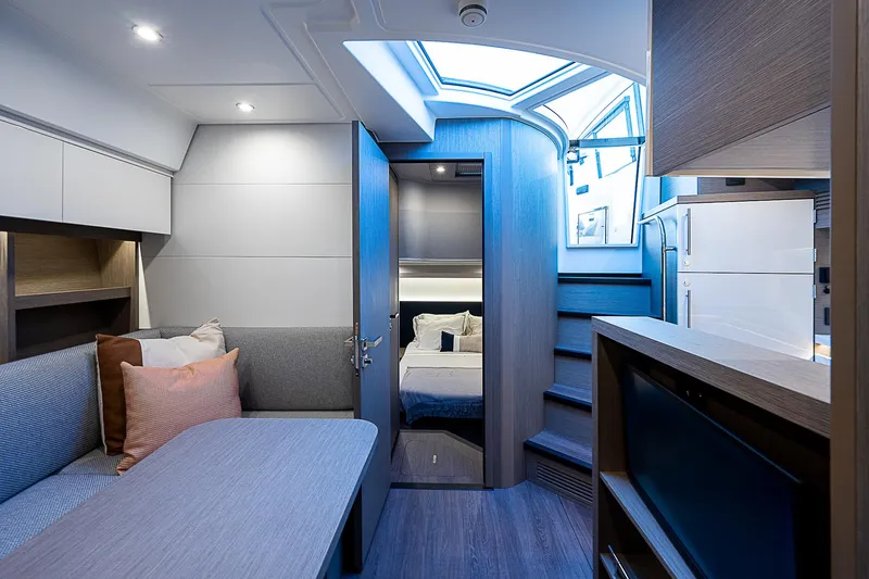  Yacht Photos Pics Interior of 2022 Beneteau Gran Turismo 45 yacht with modern furnishings and natural light.