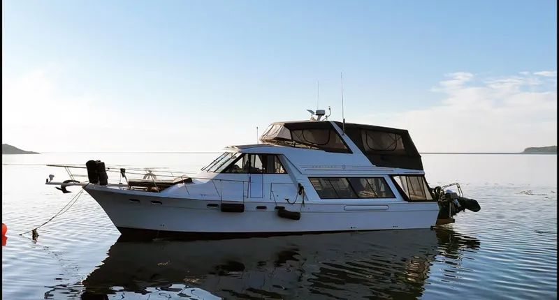 Seanergy III Yacht Photos Pics 1995 Bayliner 4788 Pilothouse Motoryacht on calm water under clear sky.