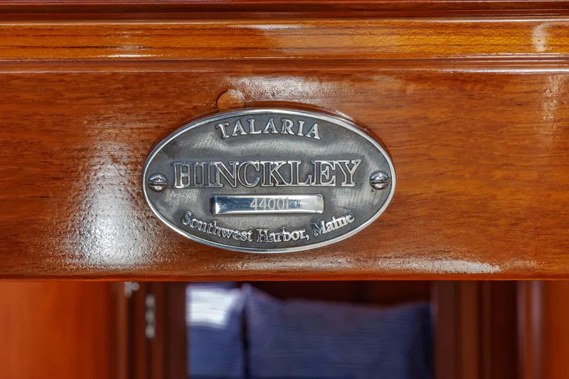 Charmer Yacht Photos Pics Plaque on 1999 Hinckley Talaria 44 Express, Southwest Harbor, Maine.