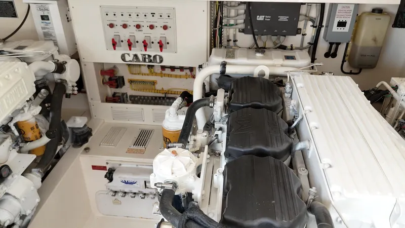 Siboney Yacht Photos Pics Engine room of a 2004 Cabo 40 Express boat.