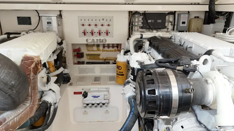 Siboney Yacht Photos Pics Engine room of a 2004 Cabo 40 Express boat.
