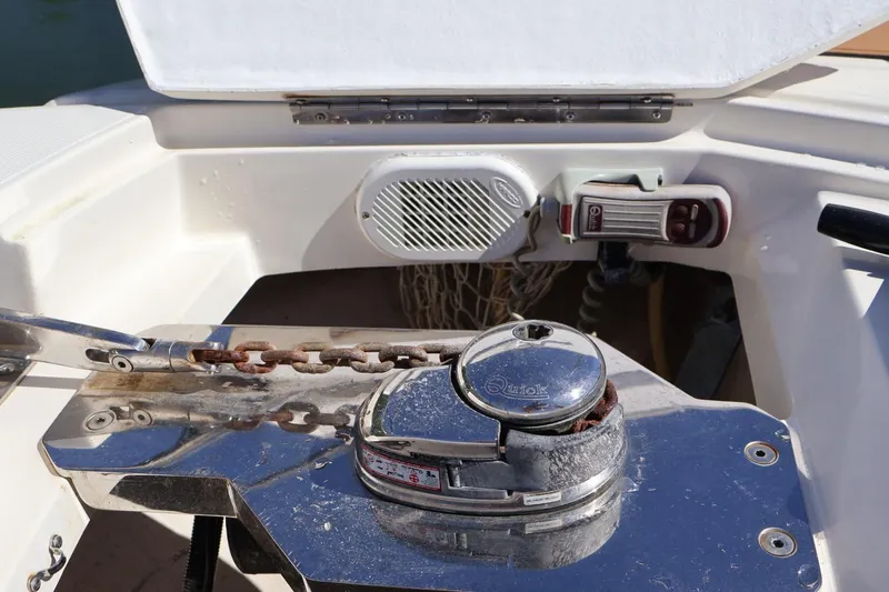  Yacht Photos Pics Anchor winch and chain on a 2014 Azimut 38 yacht deck.