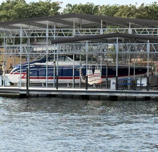 Lucky Yacht Photos Pics 2018 Formula 370 Super Sport boat docked in marina.