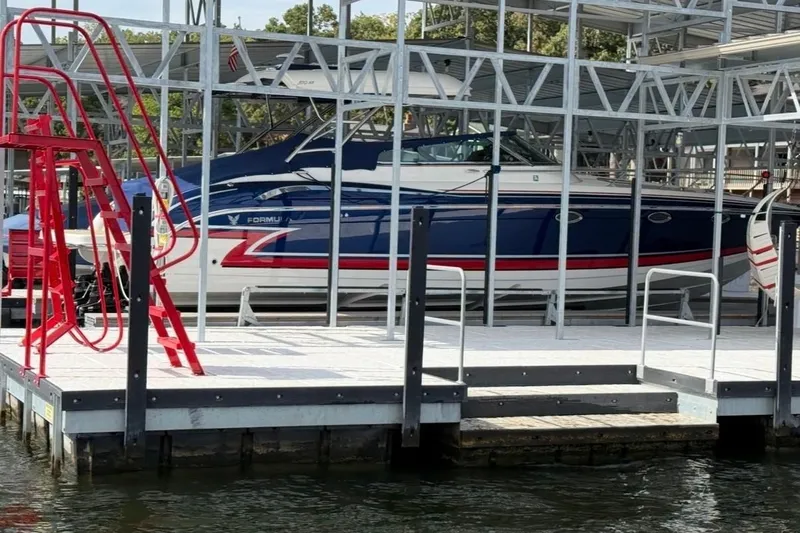Lucky Yacht Photos Pics 2018 Formula 370 Super Sport boat docked in marina.
