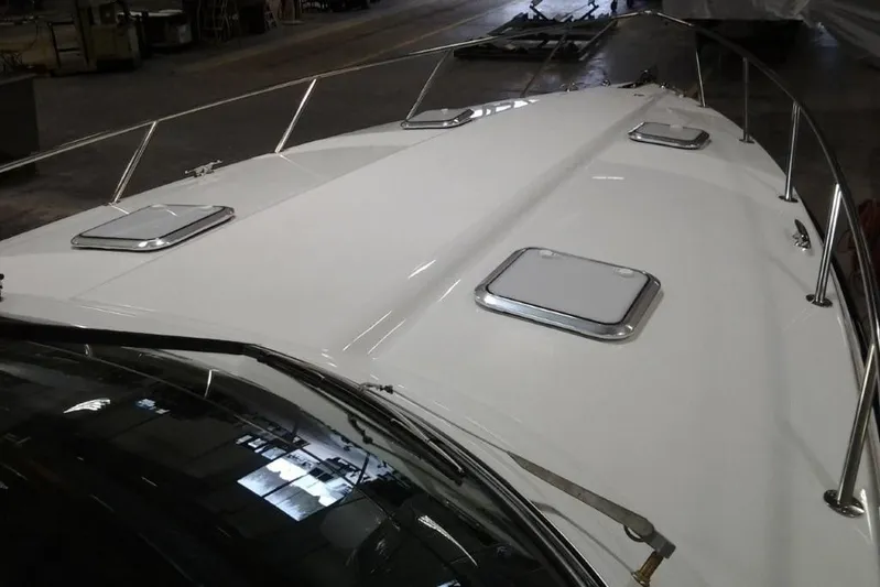 Lucky Yacht Photos Pics Deck of a 2018 Formula 370 Super Sport boat in a shipyard.