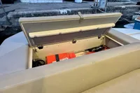 Storage compartment on 2017 Cranchi E 52 F yacht, containing life jackets and equipment.