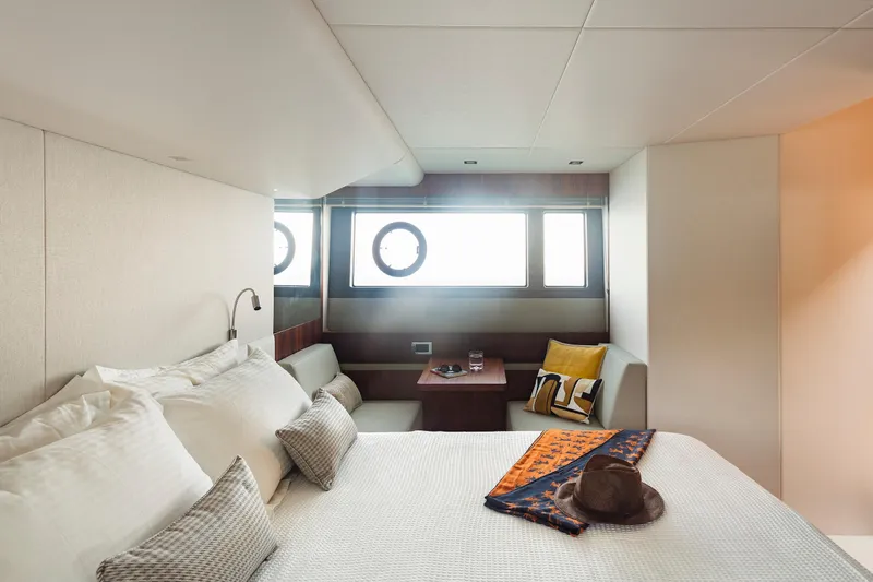 M/y Lady K Yacht Photos Pics Luxurious cabin interior of 2018 Sunseeker Manhattan 52 yacht with elegant decor.