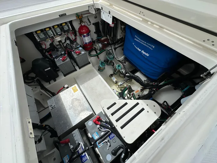  Yacht Photos Pics 2020 Boston Whaler 420 Outrage engine compartment with batteries and equipment.