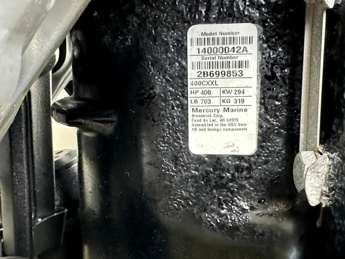  Yacht Photos Pics Close-up of Mercury Marine engine label on 2020 Boston Whaler 420 Outrage.